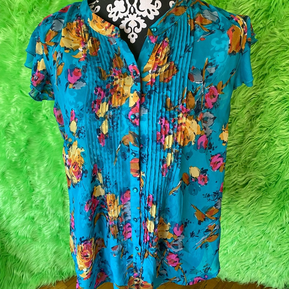 Covington Floral Blouse - Teal and Yellow